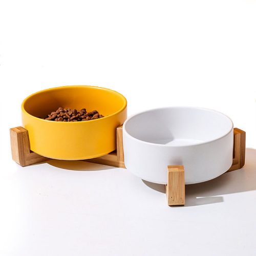 Ceramic Raised Cat Bowl Elevated Dog Basic Bowl with Anti-Slip Wooden Stand